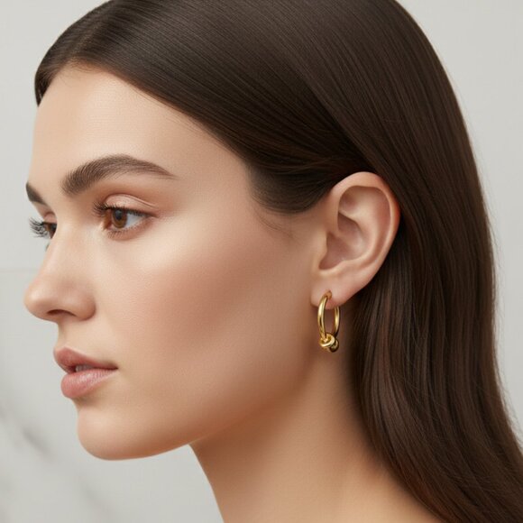 🆕️Chic Knot Accent 18K Gold Hoop Earrings - Trendy Stainless Steel Minimalist - Picture 3 of 12